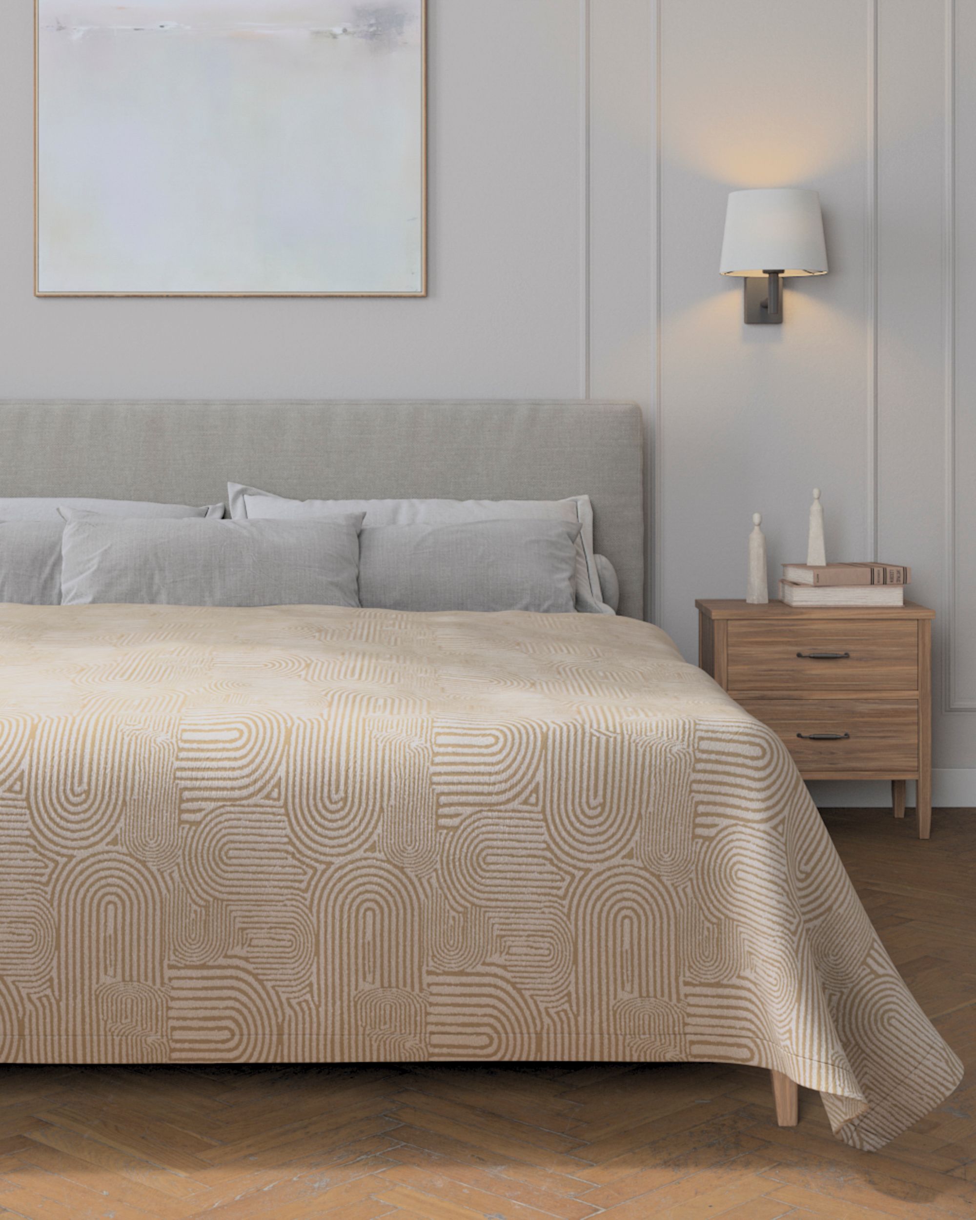 Prehoz na posteľ 220x260 cm farba produktu béžová látka zapletaná, vzorované (hover)